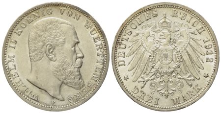 GERMANIA. WURTTEMBERG. Guglielmo II (1891-1918). 3 marchi 1912. KM 635; Ag; 16,67gr  qFDC