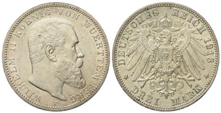 GERMANIA. WURTTEMBERG. Guglielmo II (1891-1918). 3 marchi 1913. KM 635; Ag; 16,67gr  qFDC 