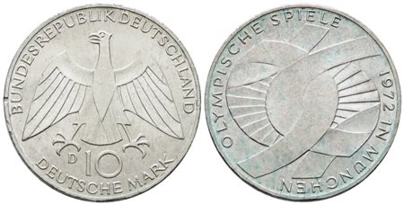GERMANIA. 10 marchi 1972 D "Giochi olimpici Monaco". KM 131; Ag; 15,5gr  qFDC