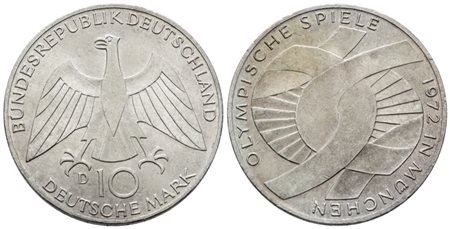 GERMANIA. 10 marchi 1972 D "Giochi olimpici Monaco". KM 131; Ag; 15,5gr  qFDC