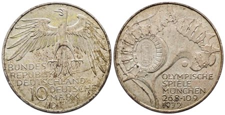 GERMANIA. 10 marchi 1972 "olimpiade di Monaco" D. KM 132; Ag; 15,5gr qFDC