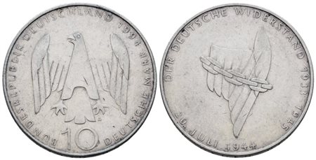 GERMANIA. 10 marchi 1994 "50°anniversario attentato a Hitler". KM 182; Ag; 15,5gr SPL