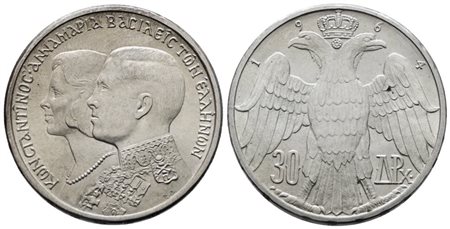 GRECIA. Costantino II (1964-1973). 30 dracme 1964. KM 87; Ag; 12gr FDC