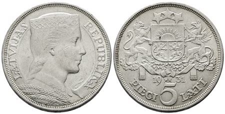 LETTONIA. 5 lati 1931. KM 9; Ag; 25gr  SPL