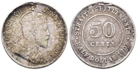 MALESIA. STRAITS SETTLEMENTS. Eduardo VII (1901-1910). 50 centesimi 1908. KM 24; Ag; 10,1gr. Lieve traccia di appiccagnolo rimosso.  MB