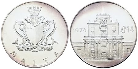 MALTA. 4 lire 1974 "Porta della Vergine delle Grazie". Ag; 20gr; KM 25; FDC