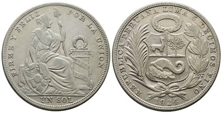 PERU'. 1 sol 1924. KM 218; AG; 25gr  qBB