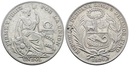 PERU'. 1 sol 1934. KM 218; AG; 25gr BB