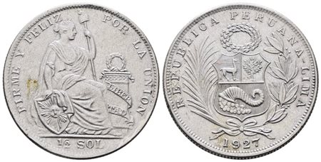 PERU'. 1/2 sol 1927. KM 216; Ag; 12,5gr SPL