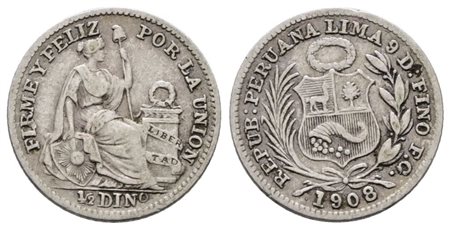 PERU'. 1/2 dino 1/20 sol 1908. KM 206; Ag; 1,25gr  BB