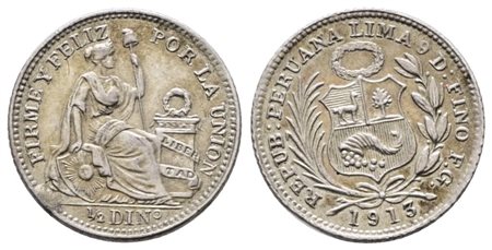 PERU'. 1/2 dino 1/20 sol 1913. KM 206; Ag; 1,25gr  qSPL