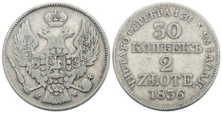 POLONIA. Nicola I (1825-1855). 2 Zlotych - 30 copechi 1836. Ag; 6,21gr; C 132; Raro; BB