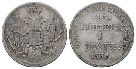 POLONIA. Nicola I (1825-1855). Zloty - 15 copechi 1836. Ag; 3,11gr; C 129; Raro; BB