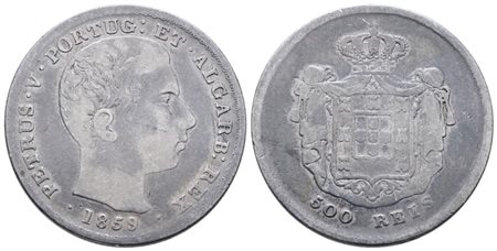 PORTOGALLO. Pedro V (1853-1861). 500 reis 1859. KM 498; Ag; 12,5gr qBB