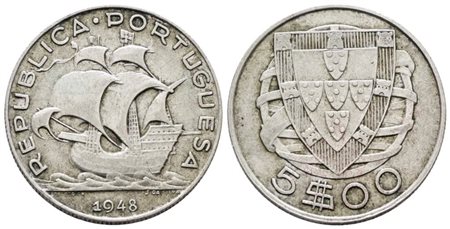PORTOGALLO. 5 escudos 1948. KM 581; Ag; 7gr BB+