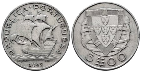 PORTOGALLO. 5 escudos 1943. KM 581; Ag; 7gr BB+