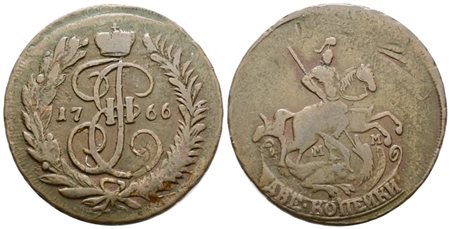 RUSSIA. Caterina II (1762-1796). 2 copechi 1766. Cu; C 58; 20,4gr; BB