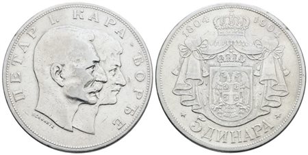 SERBIA. Pietro I (1882-1917). 5 dinari 1904 "Centenario". Ag; 25gr; KM 27; BB