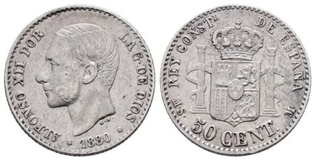 SPAGNA. Alfonso XII (1874-1885). 50 centesimi 1880. KM 685; Ag; 2,5gr  BB