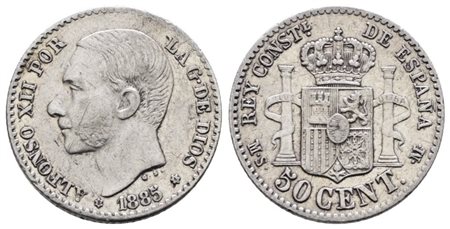 SPAGNA. Alfonso XII (1874-1885). 50 centesimi 1885. KM 685; Ag; 2,5gr BB/SPL