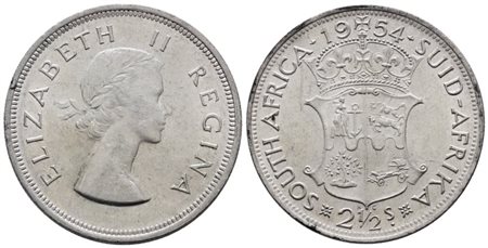 SUDAFRICA. Elisabetta II (1952-2022). 2 1/2 scellini 1954. KM 51; Ag; 14,14gr  SPL/FDC