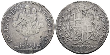 BOLOGNA. Governo Popolare (1796-1797). 5 paoli 1796. Ag; 14,5gr; Gig. 9; Raro; Q.BB; Graffietti. Ex mount