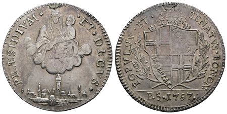 BOLOGNA. Governo Popolare (1796-1797). 5 paoli 1797. Ag; 14,5gr; Gig. 10; Raro; BB+; Ex mount