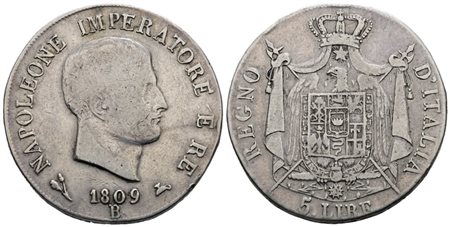 BOLOGNA. Regno d'Italia. Napoleone I (1805-1814). 5 lire 1809. Ag; 25gr; Gig.99; Raro; MB/BB