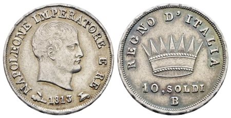 BOLOGNA. Regno d'Italia. Napoleone I (1805-1814). 10 soldi 1813. Ag; 2,5gr; Gig.183a; RRR; BB/SPL