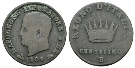 BOLOGNA. Regno d'Italia. Napoleone I (1805-1814). 1 centesimo 1809. Cu; 2,1gr; Gig. 237; Raro; MB
