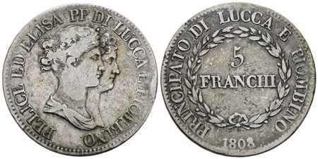 LUCCA E PIOMBINO. Elisa Bonaparte e Felice Baciocchi (1805-1814). 5 Franchi 1808 (3° tipo). Busti medi. Ag; 25gr; Gig.5; Raro; BB