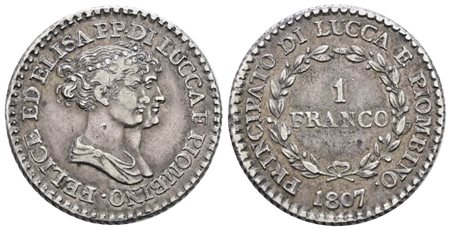 LUCCA E PIOMBINO. Elisa Bonaparte e Felice Baciocchi (1805-1814). Franco 1807. Ag; 5gr; Gig.9; NC: Q.SPL