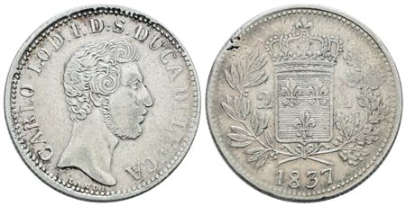 LUCCA. Carlo Ludovico di Borbone (1824-1847). 2 lire 1837. Ag; 9,43gr; Gig.1; Raro: BB/SPL