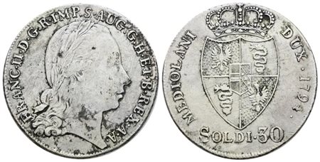 MILANO. Francesco II d'Asburgo (1792-1796). 30 soldi 1794. Ag; 7,3gr; Gig.16; MIR 466/1; Raro; BB, macchie
