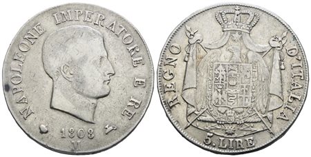 MILANO. Regno d'Italia. Napoleone I (1805-1814). 5 lire 1808. Ag; 25gr; Gig.97; Q.BB