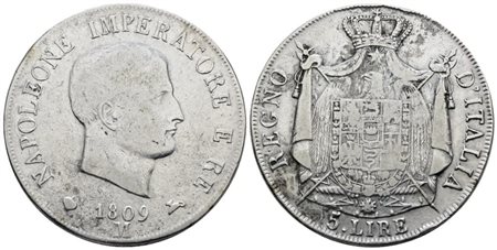 MILANO. Regno d'Italia. Napoleone I (1805-1814). 5 lire 1809. Ag; 25gr; Gig.100; MB/BB