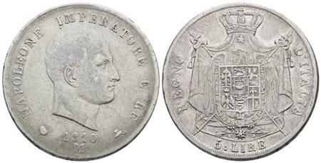 MILANO. Regno d'Italia. Napoleone I (1805-1814). 5 lire 1810. Ag; 25gr; Gig.106; RRR; BB+
