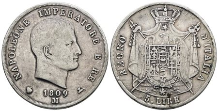 MILANO. Regno d'Italia. Napoleone I (1805-1814). 5 lire 1809. Ag; 25gr; Gig.104; Raro; Q.BB