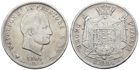 MILANO. Regno d'Italia. Napoleone I (1805-1814). 5 lire 1809. Ag; 25gr; Gig.104; BB