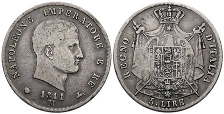 MILANO. Regno d'Italia. Napoleone I (1805-1814). 5 lire 1811. Ag; 25gr; Gig.109; MB