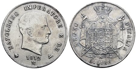 MILANO. Regno d'Italia. Napoleone I (1805-1814). 5 lire 1812 "puntali aguzzi". Ag; 25gr; Gig.112; BB