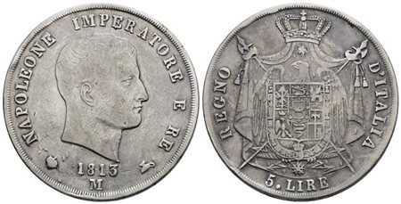 MILANO. Regno d'Italia. Napoleone I (1805-1814). 5 lire 1813 "puntali aguzzi". Ag; 25gr; Gig.115; Raro; Q.BB