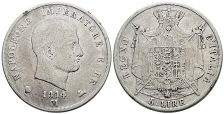 MILANO. Regno d'Italia. Napoleone I (1805-1814). 5 lire 1814 "puntali sagomati". Ag; 25gr; Gig.124; Q.BB