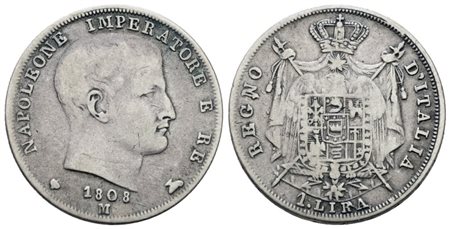 MILANO. Regno d'Italia. Napoleone I (1805-1814). 1 lira 1808. Ag; 5gr; Gig.151; Raro; MB/BB