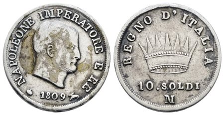 MILANO. Regno d'Italia. Napoleone I (1805-1814). 10 soldi 1809. Ag; 2,5gr; Gig.176; QBB