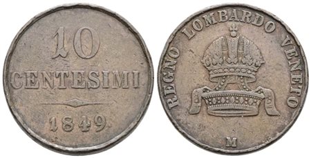 MILANO. REGNO LOMBARDO VENETO. Francesco Giuseppe (1848-1866). 10 centesimi 1849. Cu; 17,5gr; Gig.25; Raro; MB/BB