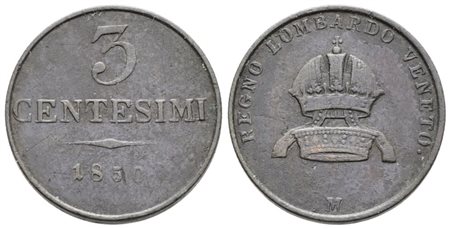 MILANO. REGNO LOMBARDO VENETO. Francesco Giuseppe (1848-1866). 3 centesimi 1850. Cu; 5,25gr; Gig.31; Raro; BB