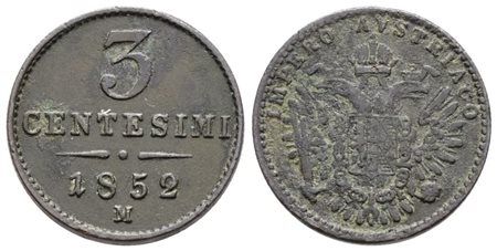 MILANO. REGNO LOMBARDO VENETO. Francesco Giuseppe (1848-1866). 3 centesimi 1852. Cu; 3,28gr; Gig.35; Raro; Q.BB