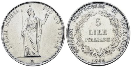 MILANO. Governo Provvisorio di Lombardia (1848). 5 lire 1848. Ag; 25gr; Gig.3; Q.SPL, bei rilievi, leggermente pulita.