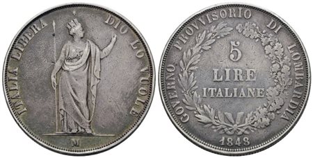MILANO. Governo Provvisorio di Lombardia (1848). 5 lire 1848. Ag; 25gr; Gig.3a; MB/BB